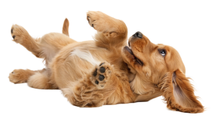 High-resolution studio photograph of a cute golden cocker spaniel puppy lying on its back, playful and happy expression with wide eyes and open mouth