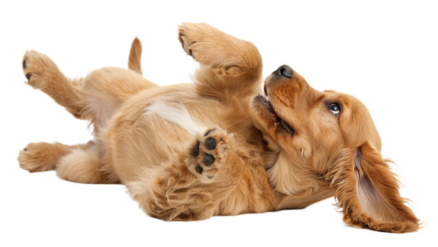 High-resolution studio photograph of a cute golden cocker spaniel puppy lying on its back, playful and happy expression with wide eyes and open mouth