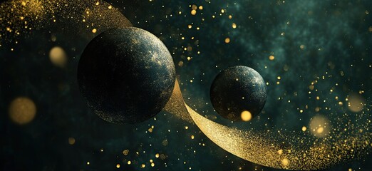 A dark green background with two large black spheres representing the universe