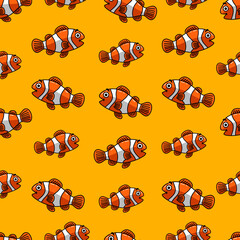 Seamless Vector Cartoon Hand Drawn Happy Clown Fish Pattern Design In Yellow Background