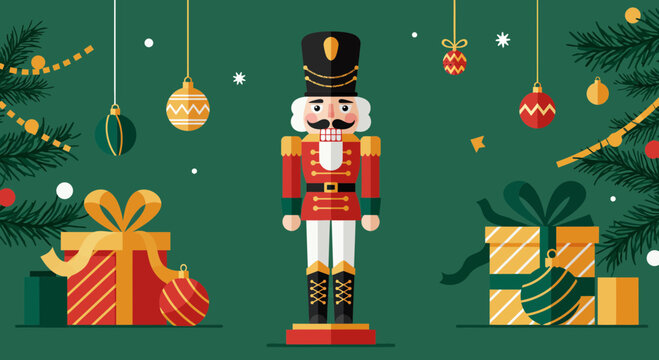 Festive nutcracker illustration with Christmas ornaments and gift boxes design