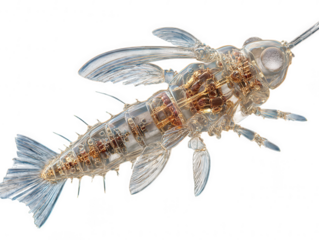 Intricate mechanical insectoid creature with transparent body and visible gears isolated on transparent background