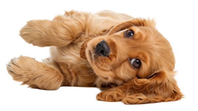 High-resolution studio photograph of a cute golden cocker spaniel puppy lying on its back, playful and happy expression with wide eyes and open mouth