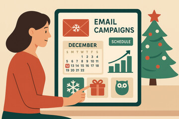 Email marketing campaign planning with holiday theme, calendar, and growth chart for December success