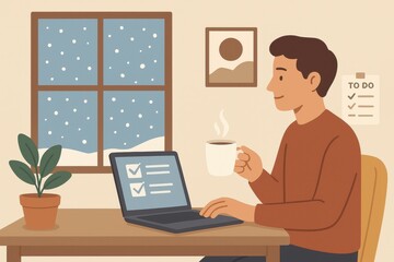 Person working with coffee and checklist in snowy setting—symbolizing cozy productivity, winter focus, and mindful digital habits.