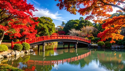 Obraz premium Vibrant Japanese Garden with Red Bridge and Autumn Foliage Reflected in Pond.