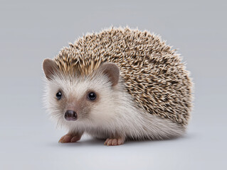 Obraz premium Small hedgehog with soft fur and distinctive spines, positioned on a smooth gray surface, showcasing its adorable features and natural habitat