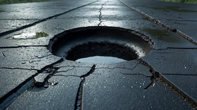 Damaged asphalt road surface with large deep pothole surrounded by cracks and water under natural daylight conditions