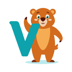 Playful Bear Character with Big Alphabet V | Fun Kids Animal Letter Illustration for Children’s Books, Preschool Learning and Education