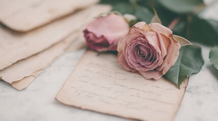 vintage handwritten letter with wilted pink rose on aged paper and soft natural light creating a nostalgic romantic atmosphere
