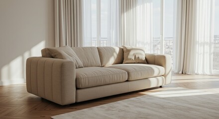 Serene living room Beige sofa with throw pillows, sheer curtains, and light streaming in from the sunlit balcony