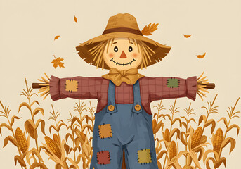 Festive scarecrow illustration in autumn cornfield scene