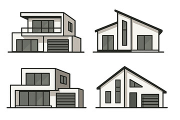 Set of modern house vector icons. Minimalist contemporary home exterior illustrations. Collection for real estate, architecture, and design concepts. Simple building facade.
