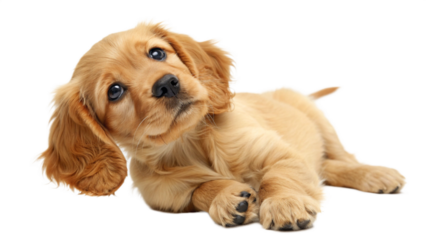 High-resolution studio photograph of a cute golden cocker spaniel puppy lying on its back, playful and happy expression with wide eyes and open mouth