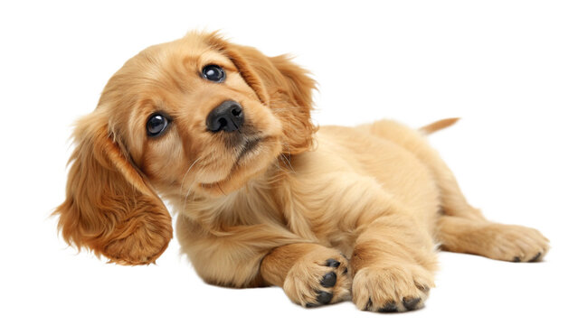 High-resolution studio photograph of a cute golden cocker spaniel puppy lying on its back, playful and happy expression with wide eyes and open mouth