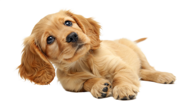 High-resolution studio photograph of a cute golden cocker spaniel puppy lying on its back, playful and happy expression with wide eyes and open mouth