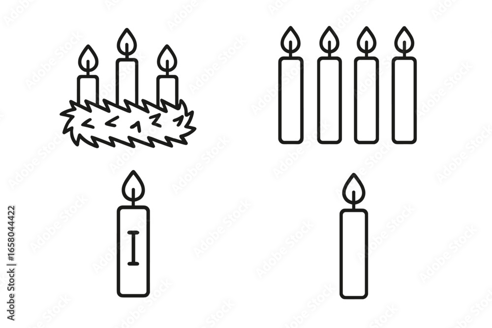 Poster advent wreath christmas icon set. outline vector illustration of four advent candles. first sunday o