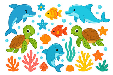 Cute cartoon sea animals set. Collection of marine life characters. Funny dolphin, turtle, fish, starfish, seashell, coral, seaweed. Underwater ocean clipart for kids.