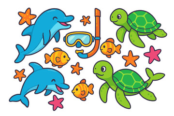 Playful ocean animal collection. Cute dolphin, turtle, and fish characters with starfish and snorkel mask. Summer sea life cartoon vector illustration set for children's party.