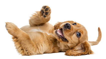 High-resolution studio photograph of a cute golden cocker spaniel puppy lying on its back, playful and happy expression with wide eyes and open mouth
