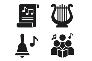Christian worship music solid glyph icons. Early church hymn concepts. Vector illustration of ancient scroll, lyre harp, hand bell, and gospel choir. Religious praise symbols.
