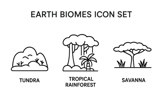 Earth biomes outline icon set. Tundra, tropical rainforest, and savanna ecosystems. Minimalist line art of nature habitats. Vector symbols for geography and environment concept.