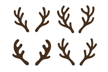 Set of reindeer antlers. Christmas design element. Vector silhouette collection. Holiday festive decoration. Brown deer horns icon. Fun photo booth prop. Xmas costume accessory.