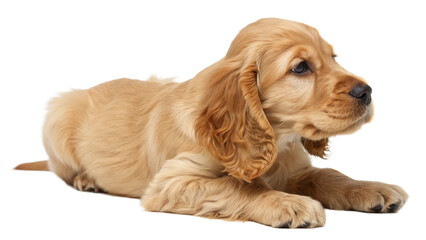 High-resolution studio photograph of a cute golden cocker spaniel puppy lying on its back, playful and happy expression with wide eyes and open mouth