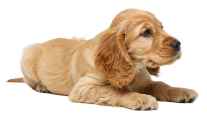 High-resolution studio photograph of a cute golden cocker spaniel puppy lying on its back, playful and happy expression with wide eyes and open mouth