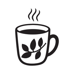  Silhouette of a steaming cup of herbal tea, with simple leaves as garnish, smooth outlines white Background.