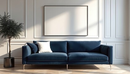 Fototapeta premium Minimalist living room features sleek navy blue sofa and white empty frame on wall. Classic paneled wall design, wooden floor adds sophistication. A stylish plant in pot enhances decor.