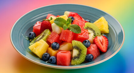 A colorful fruit salad with a rainbow background, featuring a mix of watermelon, strawberries, kiwi, blueberries, and pineapple, garnished with mint leaves and a decorative leaf, served in a white bow