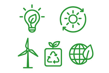 Eco-friendly icon set. Renewable energy and sustainability concepts. Green technology symbols for solar power, wind turbine, recycling, and ecology. Minimalist vector line art.