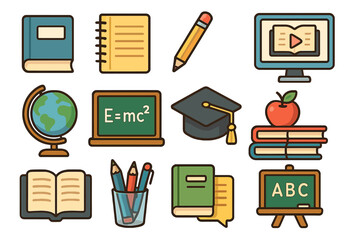 Education icon set. School supplies for learning, knowledge, and study. Vector cartoon illustration. Back to school concept with book, e-learning, globe, graduation cap.