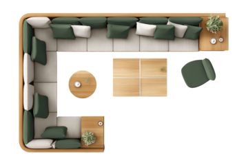 Top-down view of a modern, L-shaped sectional sofa with matching accent pieces.  Light-colored sofa, dark green accent pillows, light wood coffee table and side tables, and a dark green armchair