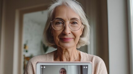 Elderly woman smiling while holding tablet during video call - Concept of Senior Tech Lifestyle