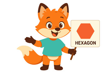 Cute fox teacher character shows hexagon shape. Educational geometry for kids. Animal mascot for school, preschool. Vector illustration for learning basic geometric figures.