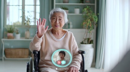 Elderly Asian woman waving during video call in cozy living room - Concept of Senior Tech Lifestyle