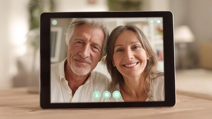 Senior couple smiling during video call on tablet at home - Concept of Senior Tech Lifestyle