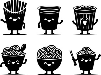 Vector sketch illustration collection of silhouette sketches, cute and funny chibi noodle food character design images