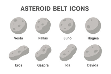 Asteroid belt icons isometric flat vector set. Vesta, Pallas, Juno, Hygiea, Eros, Gaspra, Ida, Davida. Solar system astronomy. Celestial body, space rock, meteorite.