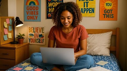 Smiling Young Woman Engaged with Laptop on Bed in a Cozy, Inspirational Bedroom Environment