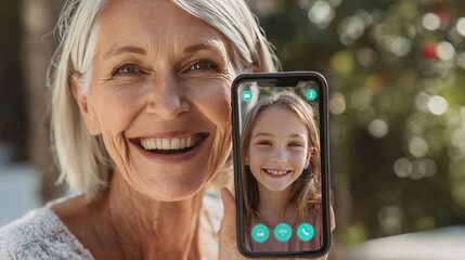 Elderly woman smiling while video calling a young girl on smartphone Concept of Senior Tech Lifestyle  