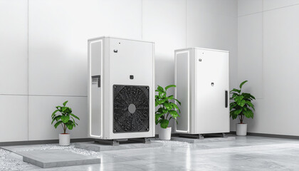 A group of white air purifiers efficiently cooling a room in a modern home setting for maximum comfort