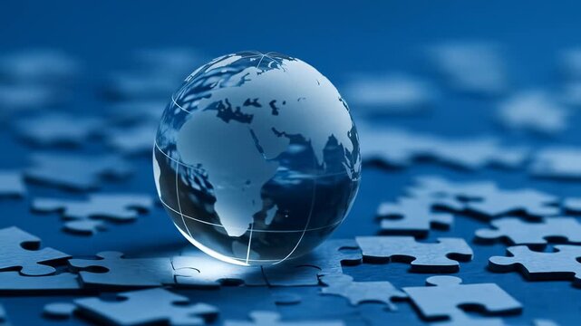 Global Puzzle: Glass World Globe Symbolizing International Business, Global Strategy, and Interconnectedness on Scattered Puzzle Pieces