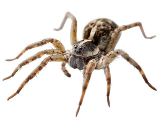 Detailed macro view of a hairy brown wolf spider isolated on transparent background