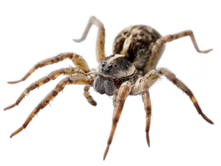 Detailed macro view of a hairy brown wolf spider isolated on transparent background