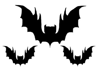 Black silhouette bats in various sizes on white background  