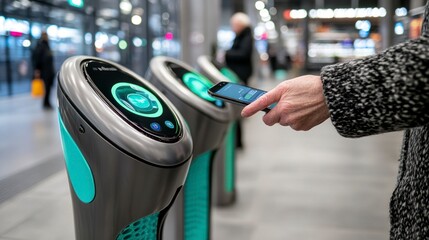 Person using smartphone to pay at modern smart ticket machine  