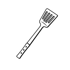Minimalist outline drawing of a slotted turner, cooking utensil sketch.
